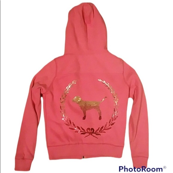 VINTAGE Victoria's Secret SEQUIN BLING Love Pink Bling hoodie Sweater BEDAZZLED - Picture 3 of 10
